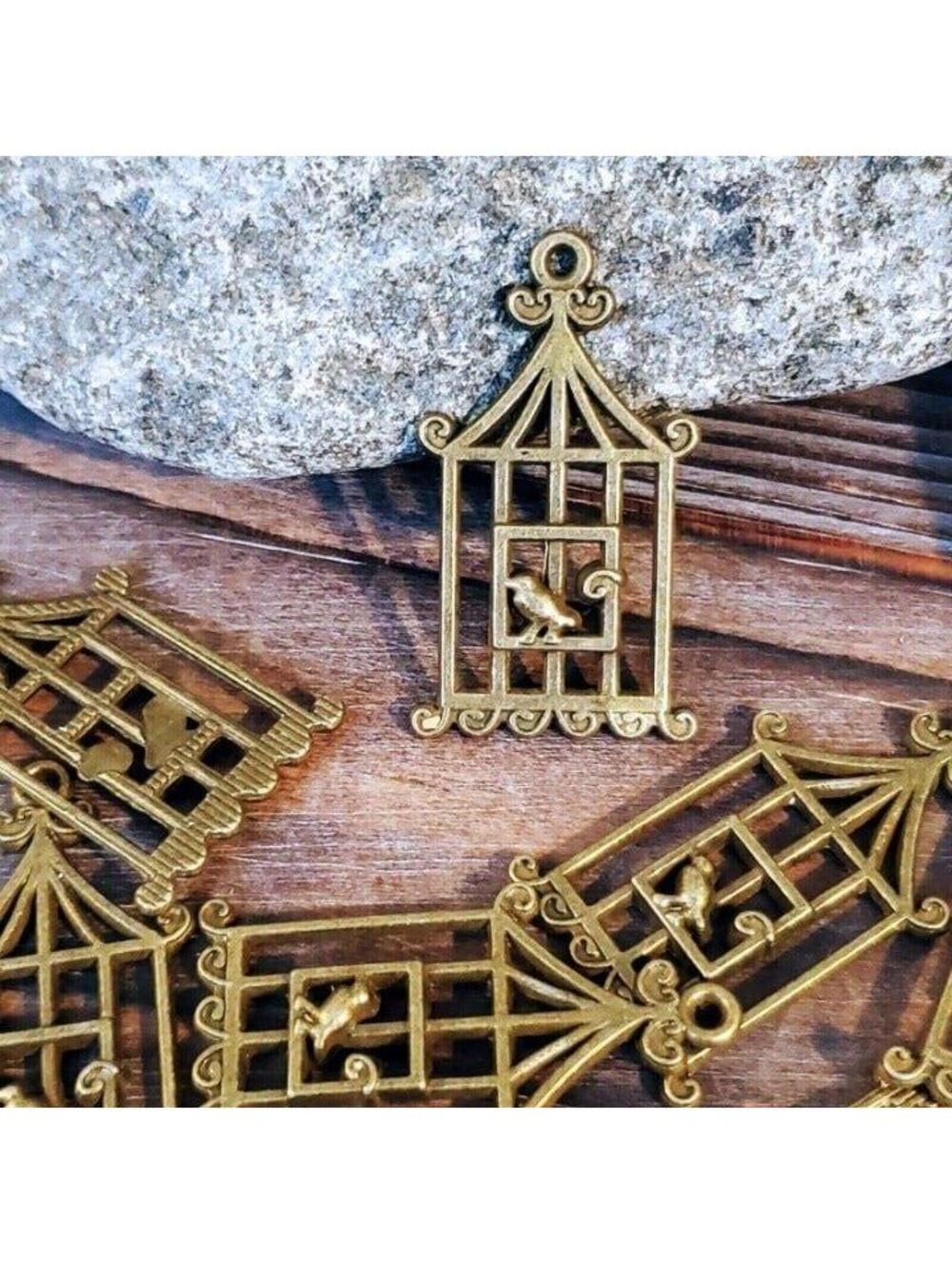 Antique Brass Pewter Art Deco Nouveau Bird & Cage Pendants 29x18mm 10 pcs